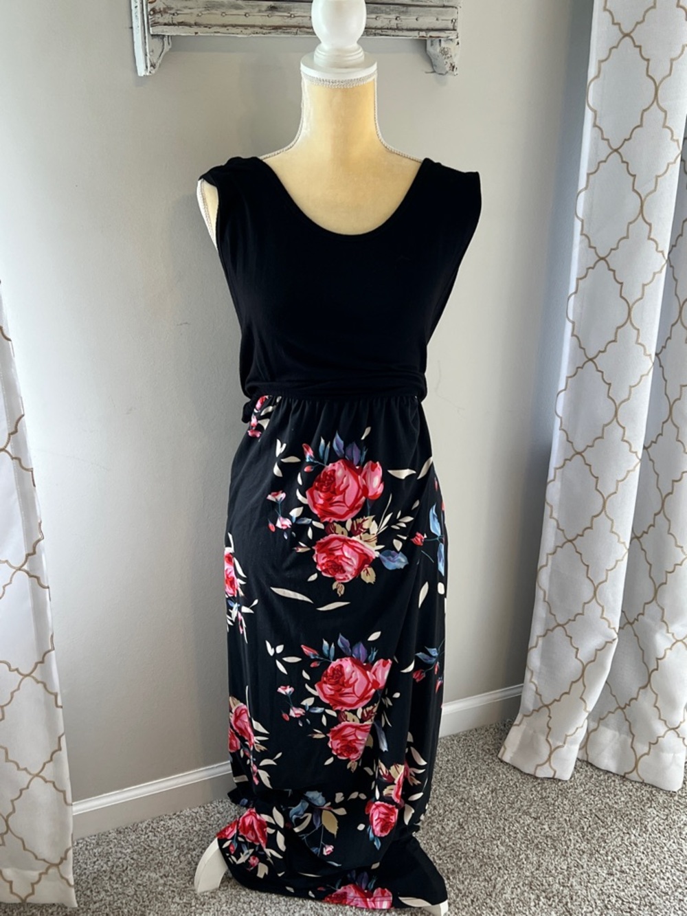Black Floral Maxi Dress with Rose Print